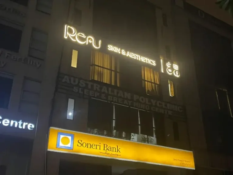 3D steel backlit LED sign board for Renu Skin and Aesthetics clinic in Lahore by Artista Sign and Design