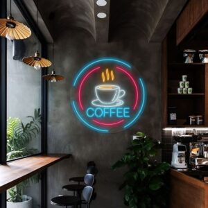 The Coffee Neon Sign is a stylish LED wall décor piece perfect for cafés, coffee shops, bakeries, and restaurants. Create a warm glowing coffee shop atmosphere with modern neon décor.
