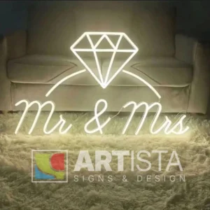 Mr and Mrs LED neon sign for wedding stage, bridal room, and romantic couple decoration