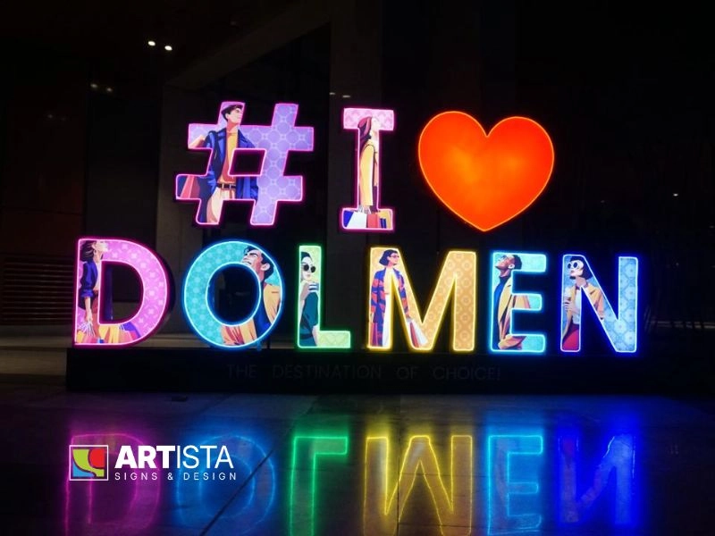 Outdoor 3D LED sign board installed at Domen Mall Lahore by Artista Signs & Design, sign board makers in Lahore.