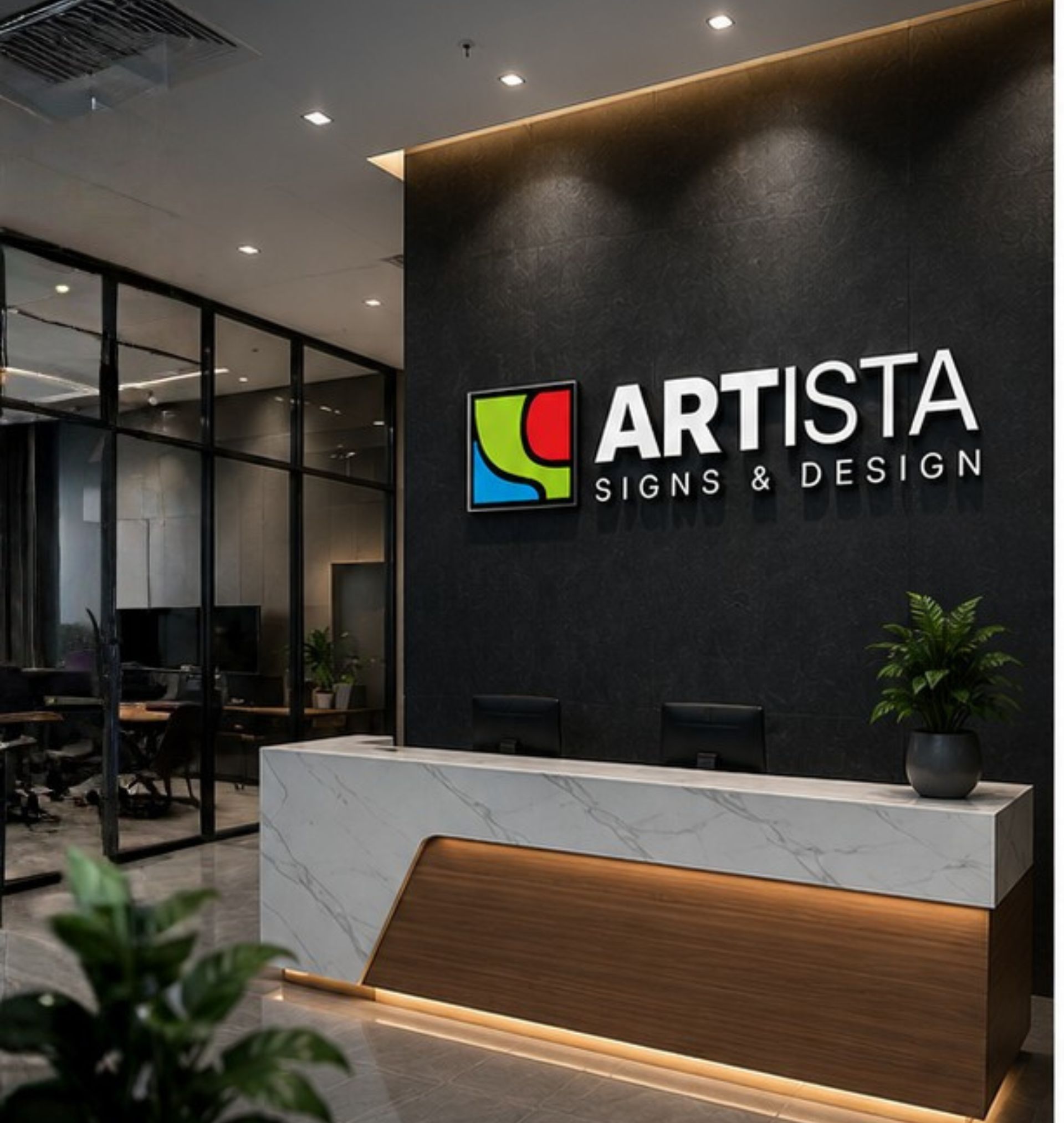 Artista Signs office displaying custom illuminated logo signage