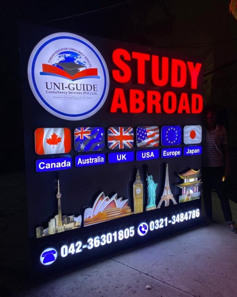 Study Abroad acrylic 3D LED sign board designed, manufactured, and installed by Artista Signs & Design in Lahore